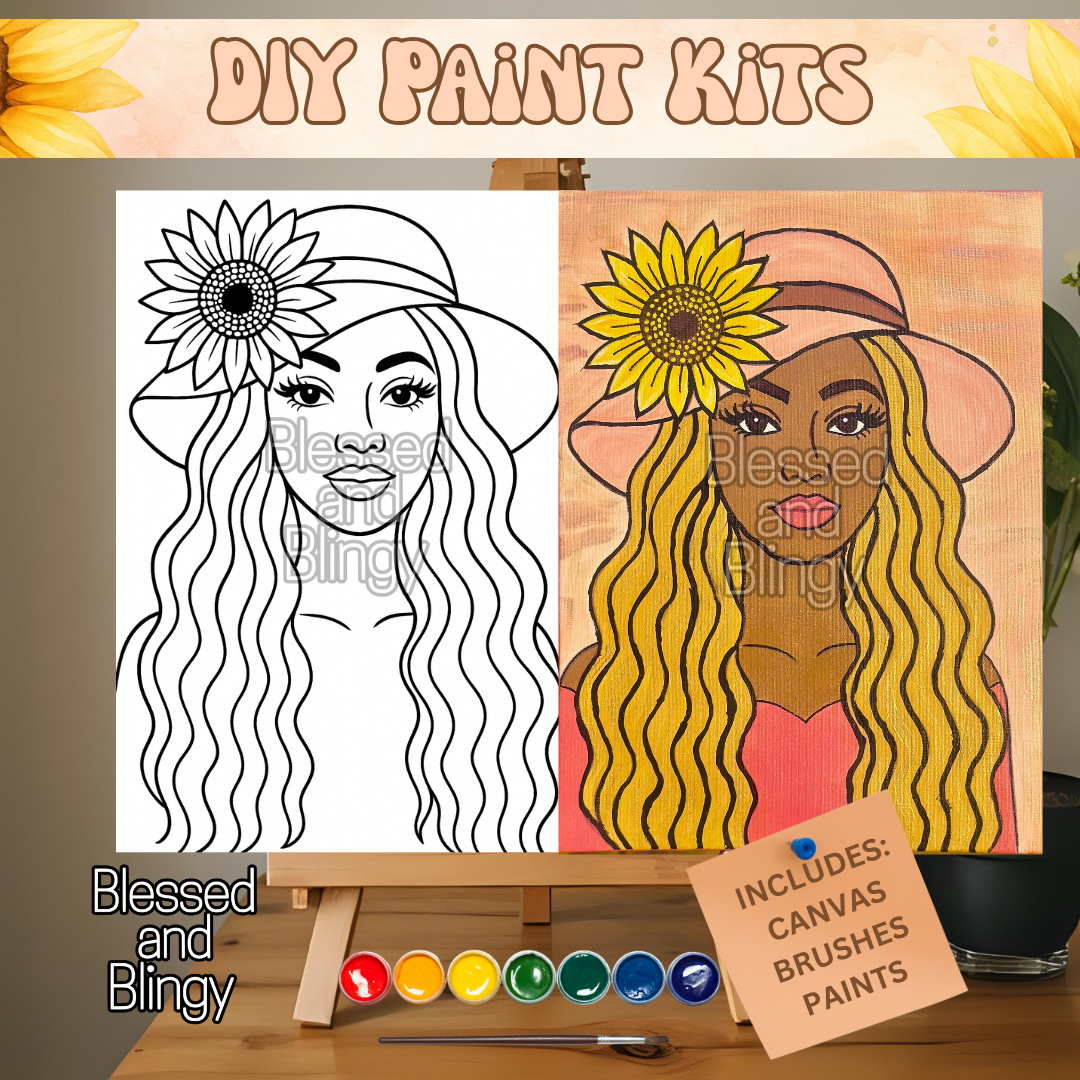 Sunflower Hat Lady – DIY Canvas Painting Kit for Relaxation & Self Care