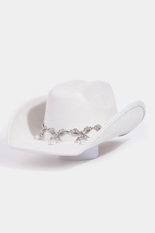 Pave Ribbon Bow And Pearl Charms Western Cowboy Hat