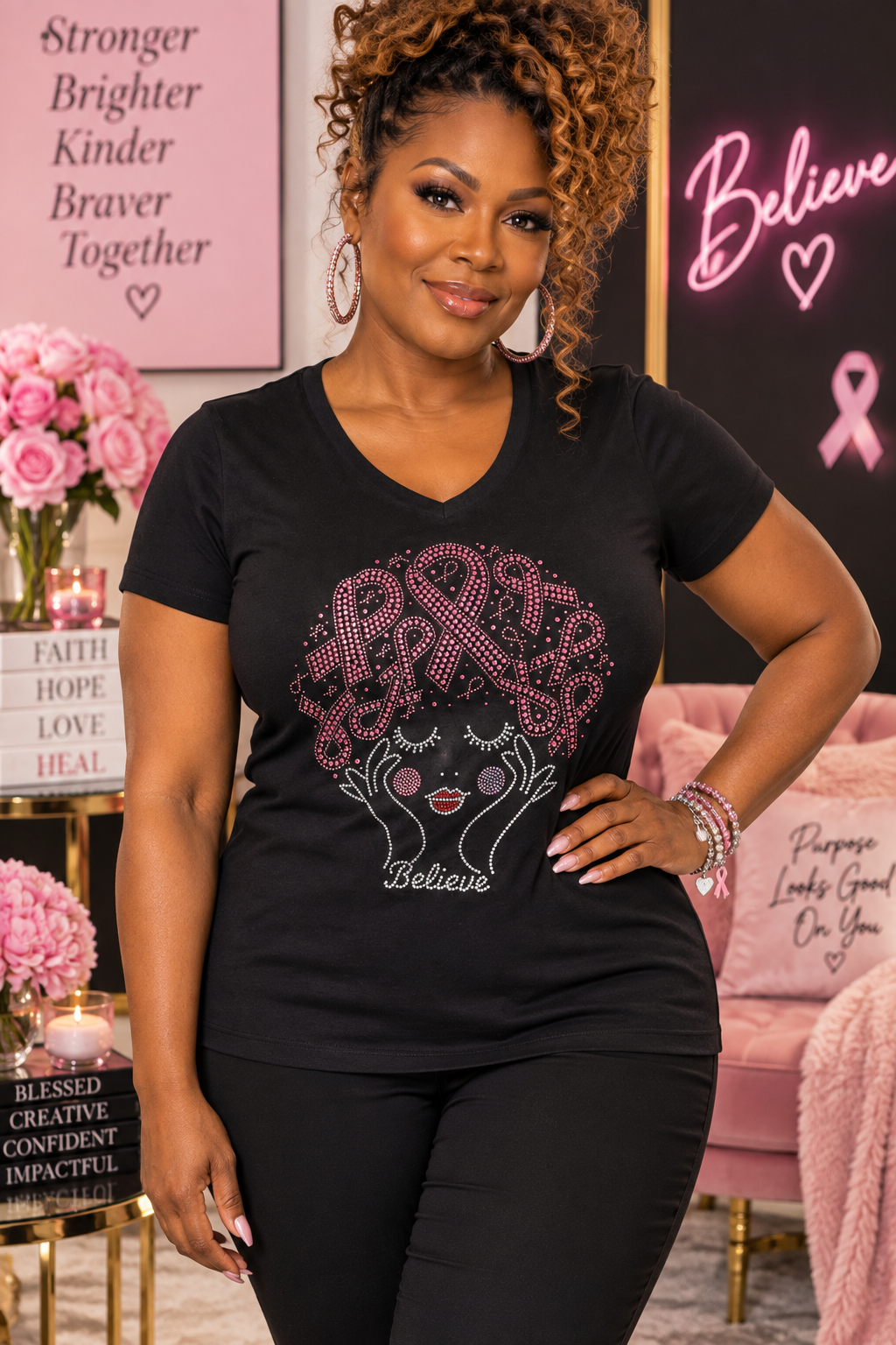 Believe in Pink™ Rhinestone V-Neck T-Shirt