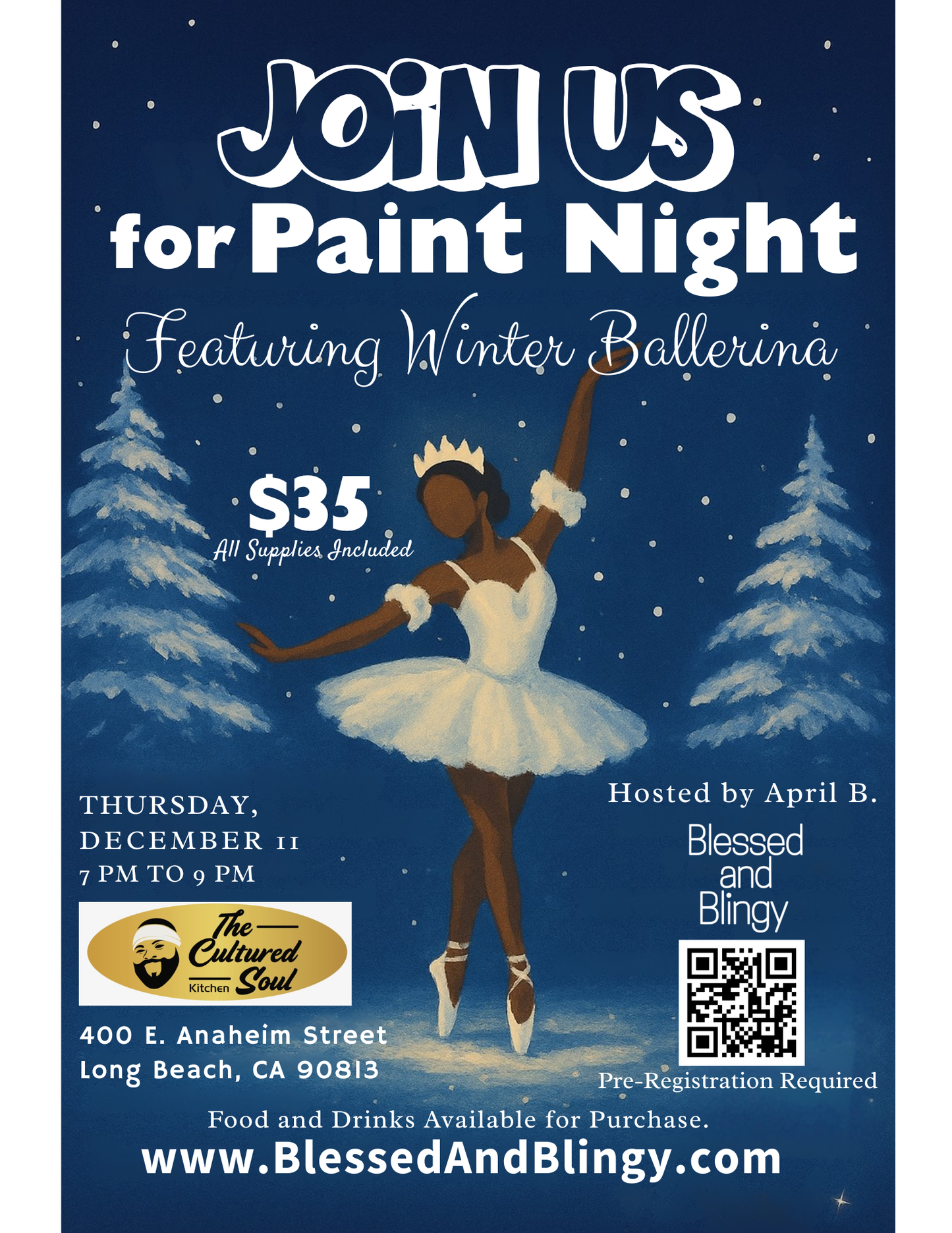 Paint Night Featuring “Winter Ballerina” at The Cultured Soul Kitchen | Long Beach Paint & Sip Class